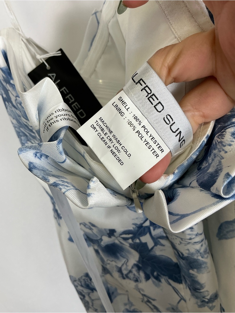 Alfred Strapless Floral Satin Gown in White and Blue - Picture 6 of 7